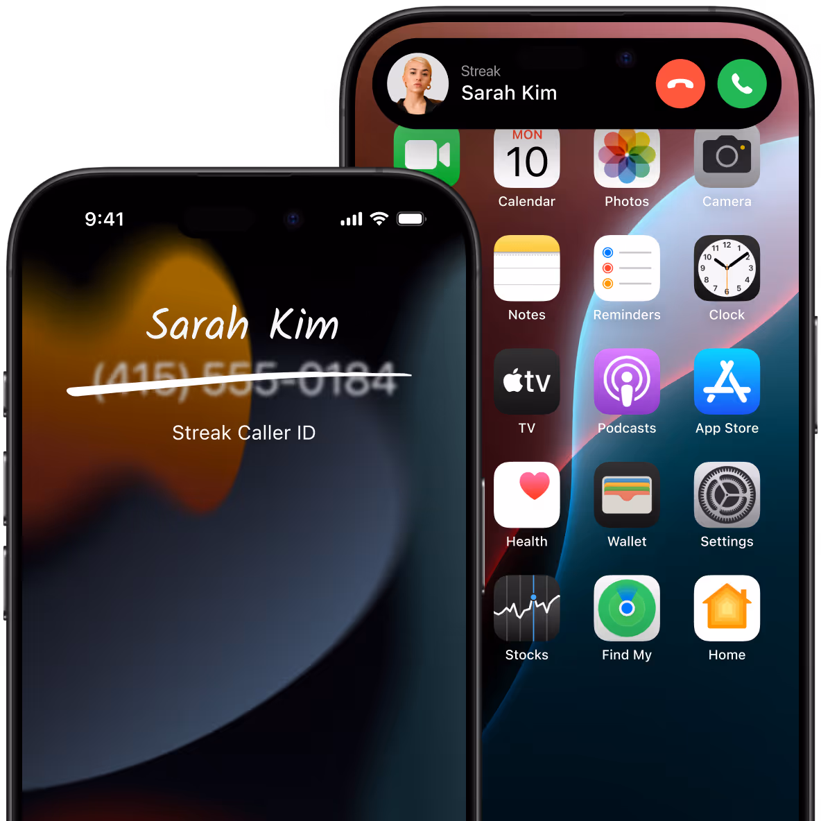 Incoming iPhone call identified by Streak Caller ID with Sarah Kim’s contact information.