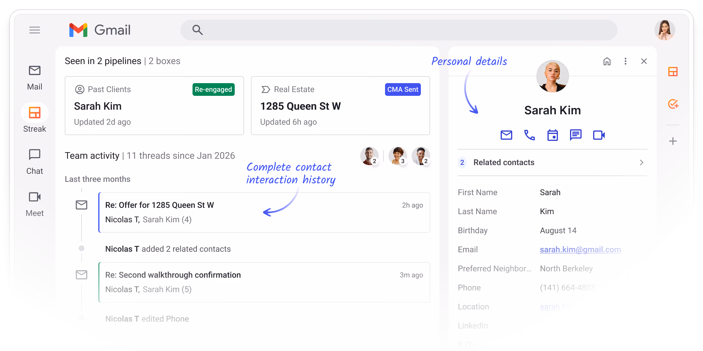 Contact management view inside Gmail showing complete client interaction history, related pipelines, and detailed contact information.