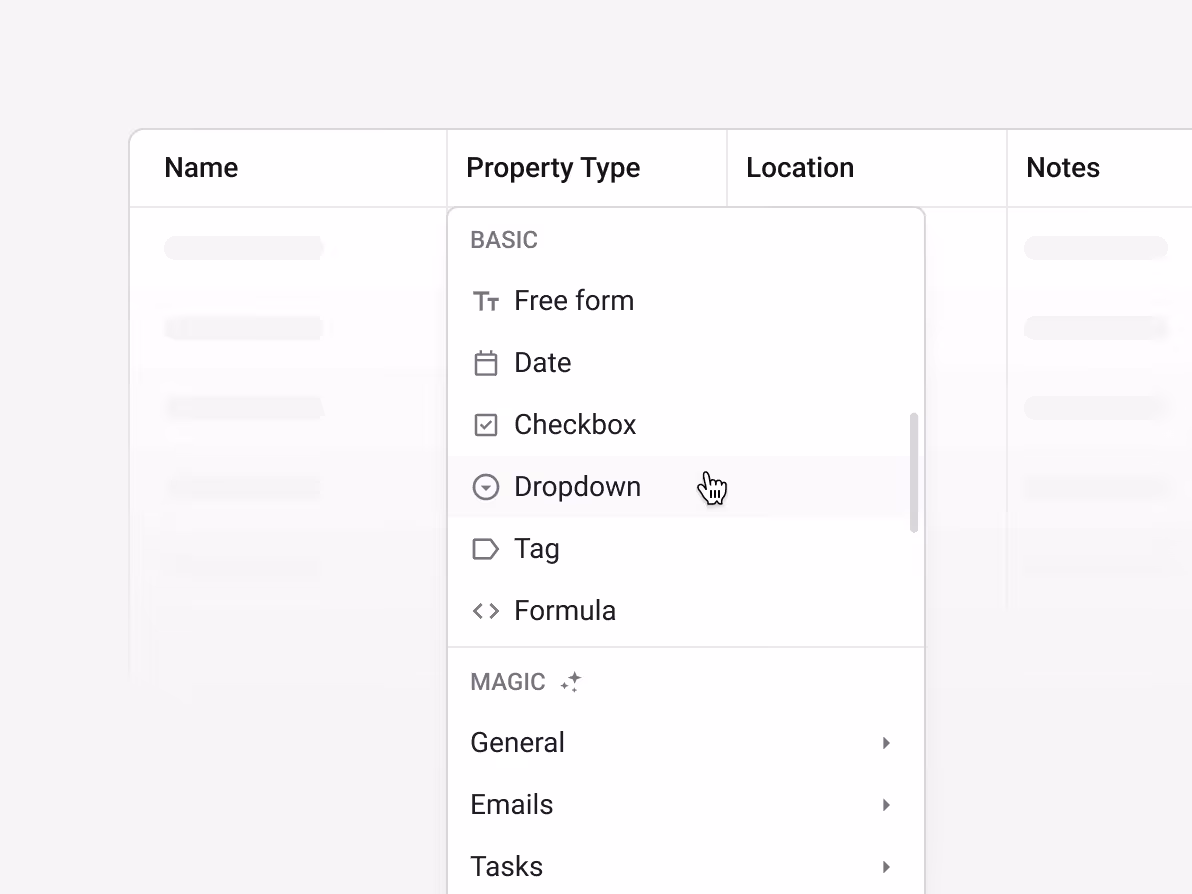 Custom column type picker in a Streak CRM pipeline with basic fields, formulas, tags, and AI-powered magic fields.