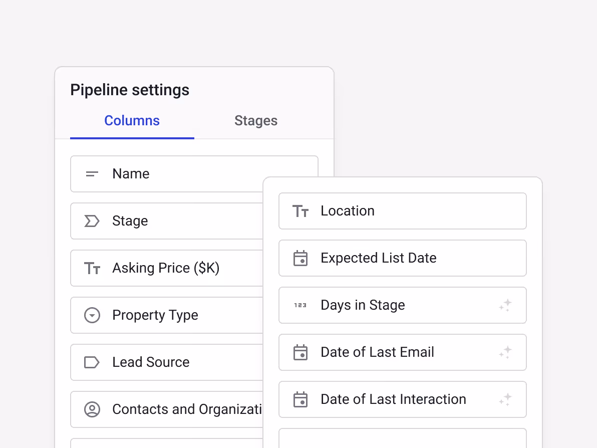 Pipeline settings interface showing columns like Name, Stage, Price, Property Type, Lead Source, and contact details.