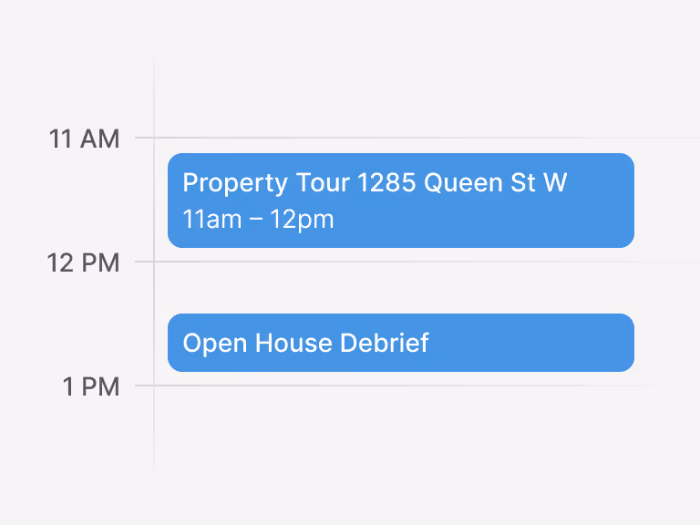 Calendar schedule with property tours and open house meetings.