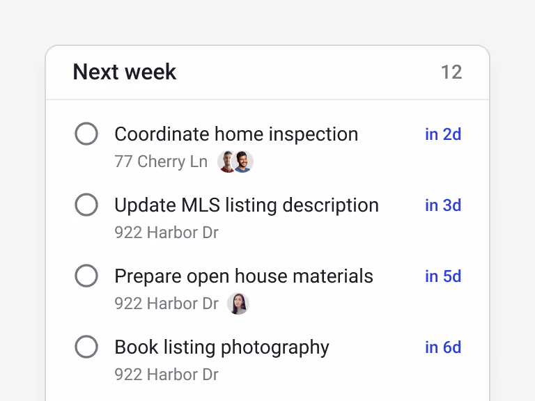 Task list for upcoming real estate activities including inspections, photography, and MLS updates.