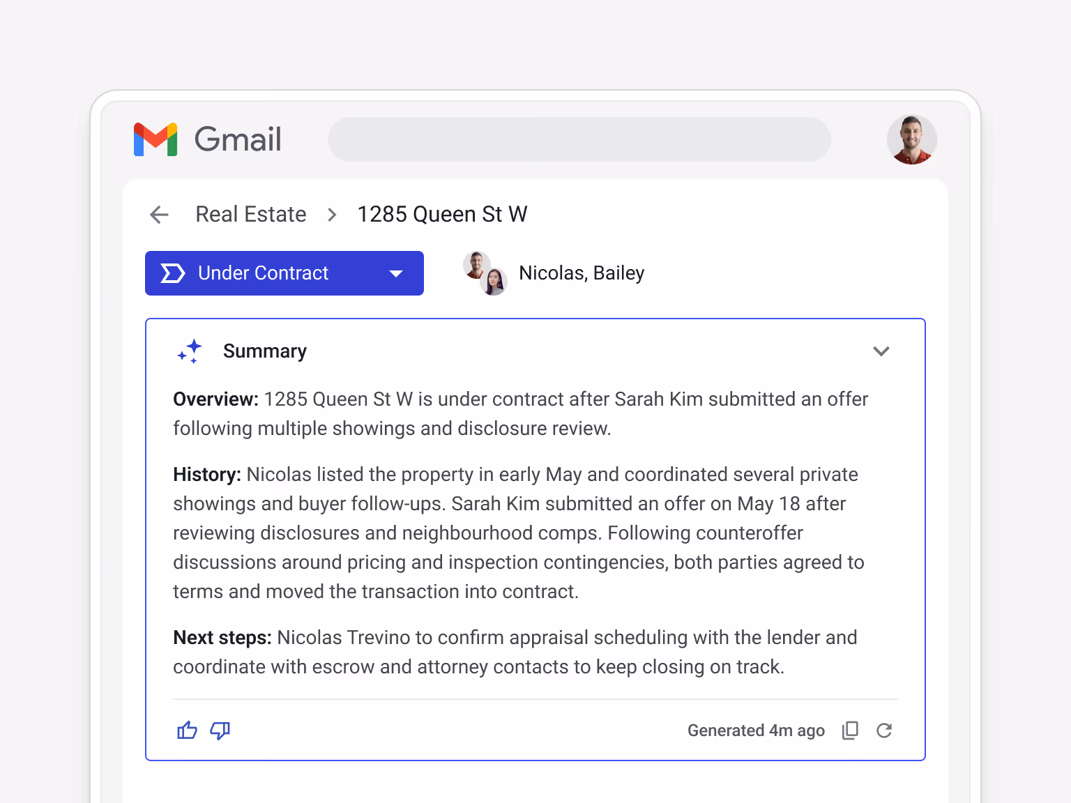 Real estate pipeline table inside Gmail using Streak CRM. Listings move through stages including New, Nurturing, and Preparing to List, with rows displaying property names, contacts, lead sources, asking prices, and property types.
