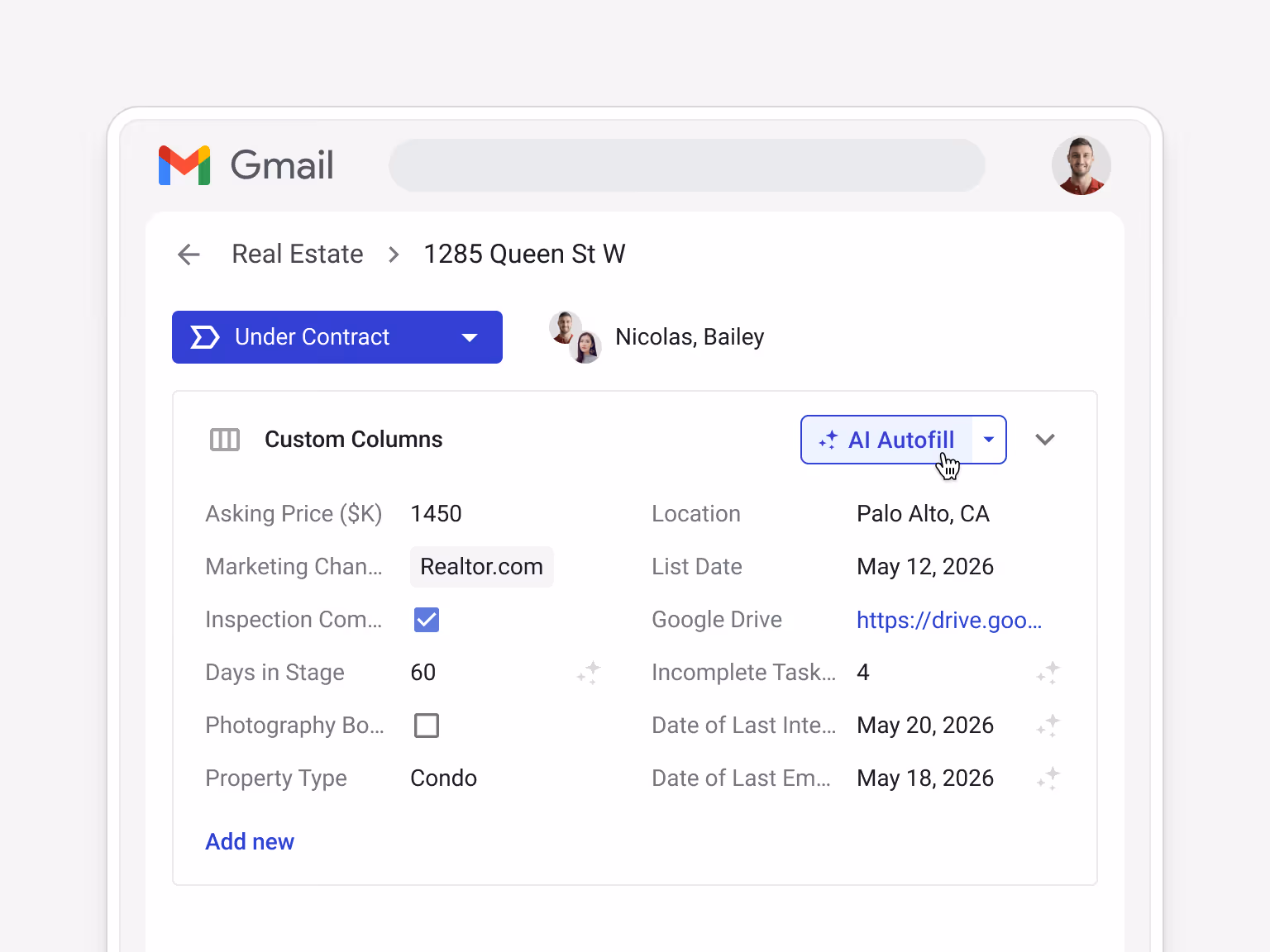 Real estate transaction box with custom fields, AI autofill, and property details inside Gmail.