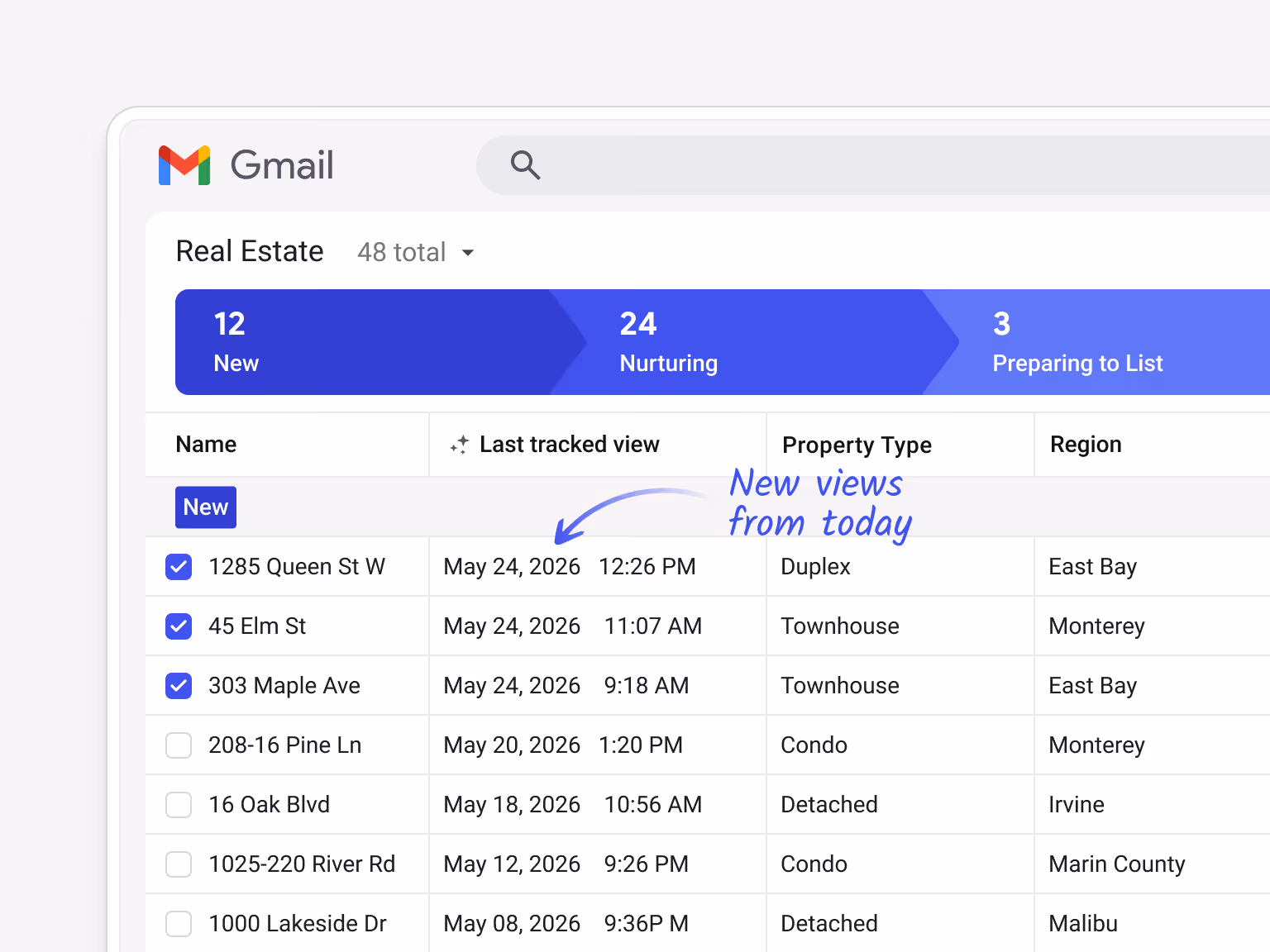 Streak pipeline showing properties with recent tracked email engagement and latest view activity.