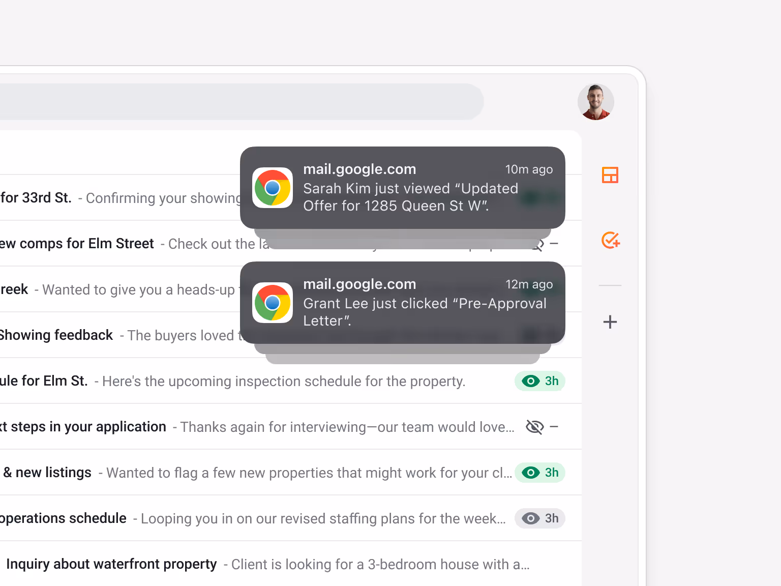 Desktop notifications showing recipients opening and clicking tracked real estate emails.