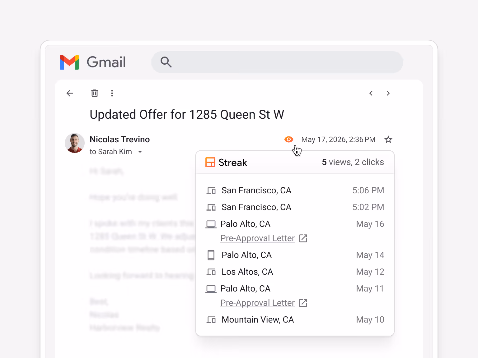 Streak email tracking activity panel showing views, clicks, timestamps, and recipient locations inside Gmail.