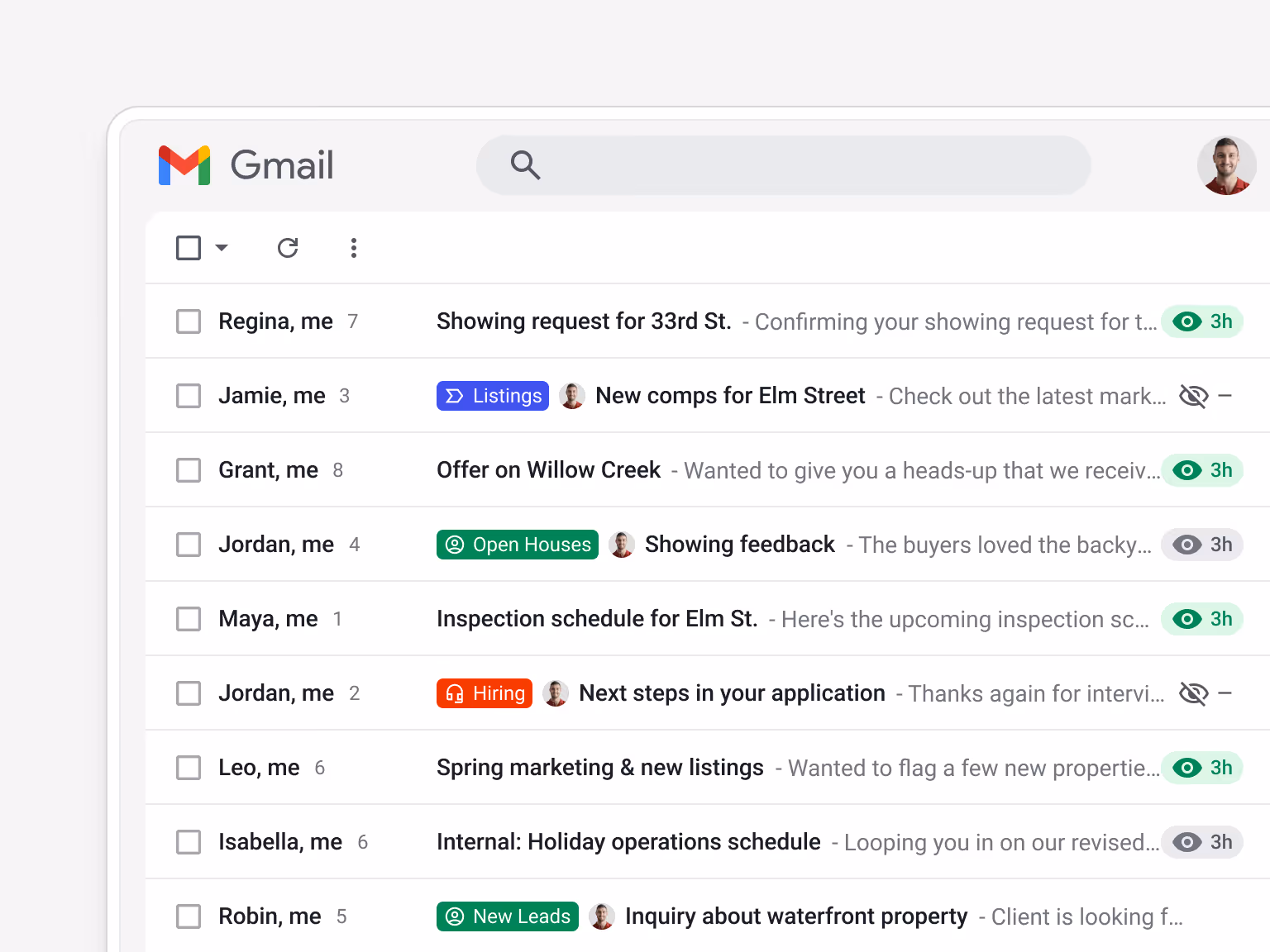 Gmail inbox with Streak email tracking icons showing viewed and unseen emails across pipelines.