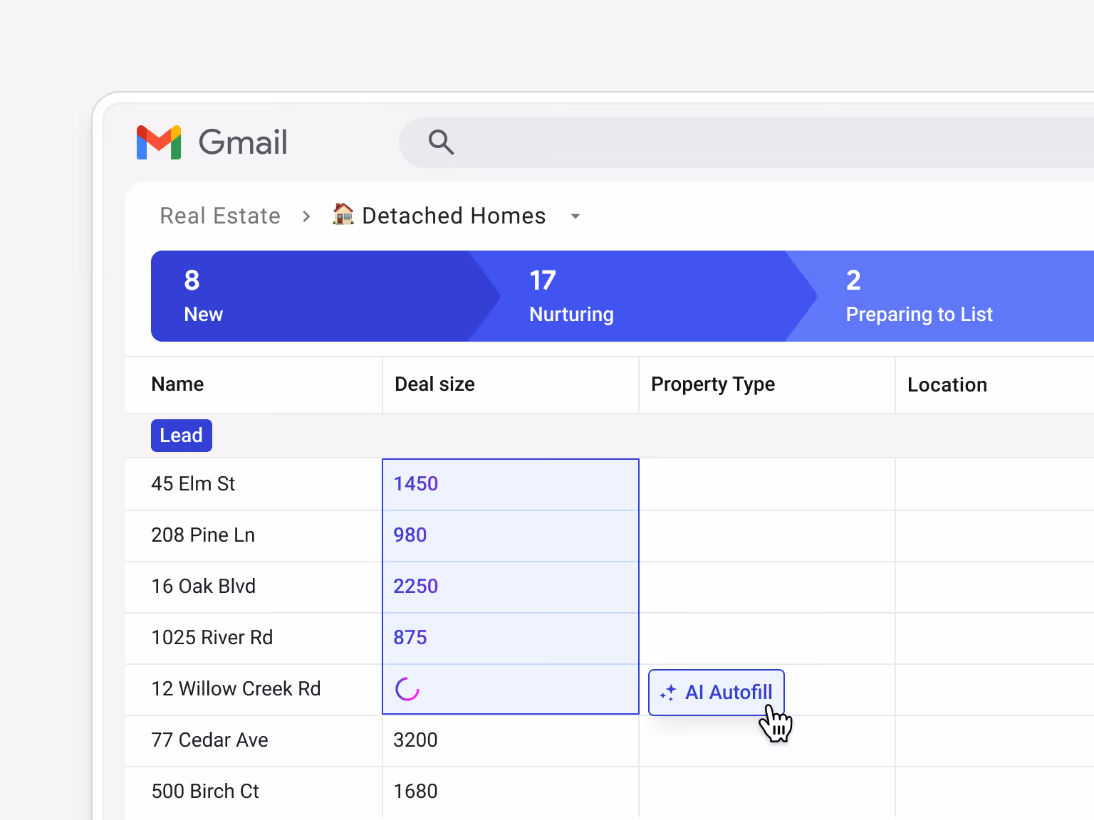 Real estate pipeline in Gmail showing Streak AI Autofill automatically populating property data fields such as deal size, property type, and location across multiple detached home listings.