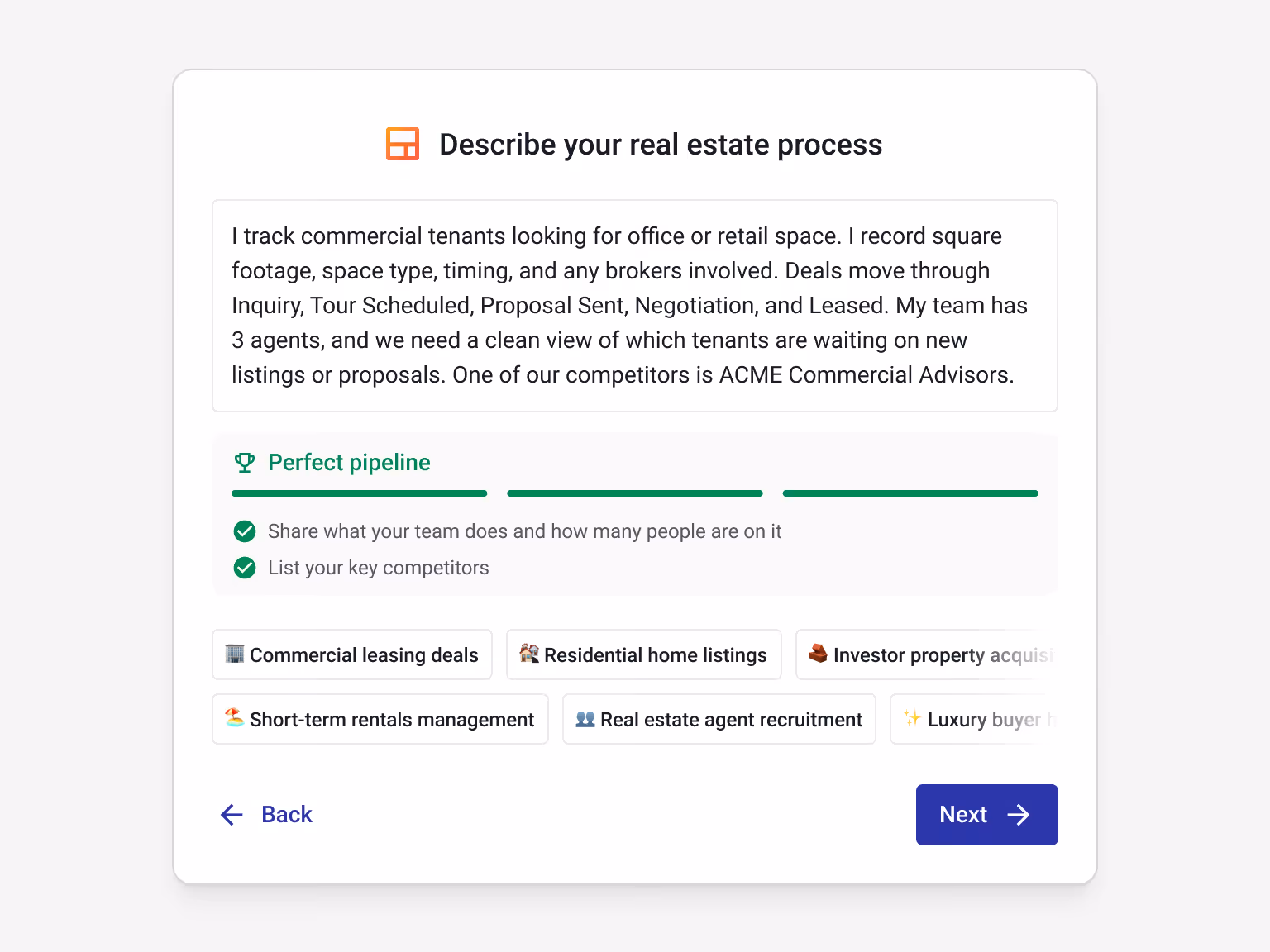 AI-powered pipeline creation flow inside Streak asking a real estate agent to describe their workflow. Suggested pipeline templates include commercial leasing, residential listings, investor acquisitions, and short-term rentals.