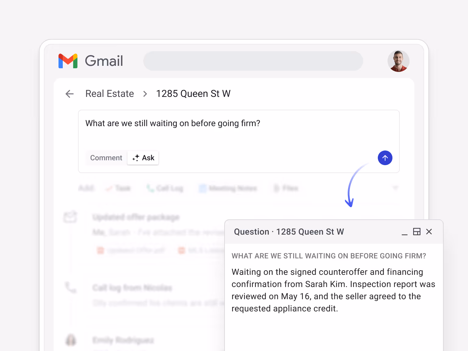AI Q&A feature inside a real estate deal box in Gmail. A user asks what is still needed before a property transaction goes firm, and the AI answers with pending financing and counteroffer details.