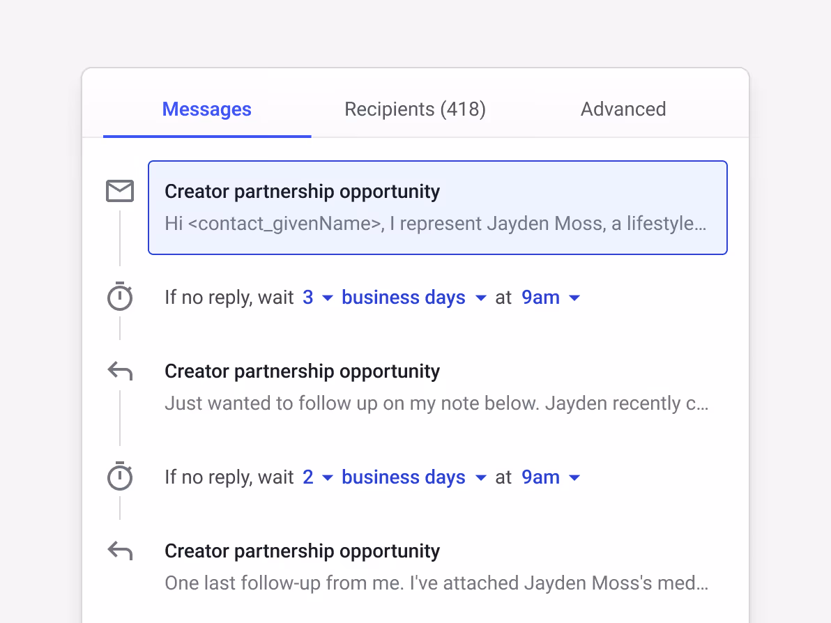 Streak mail merge sequence for "Creator partnership opportunity" to 418 recipients — Messages tab: initial email, If no reply wait 3 business days at 9am (follow-up "Just wanted to follow up on my note below. Jayden recently c..."), If no reply wait 2 business days at 9am (final follow-up attaching Jayden Moss's media kit)