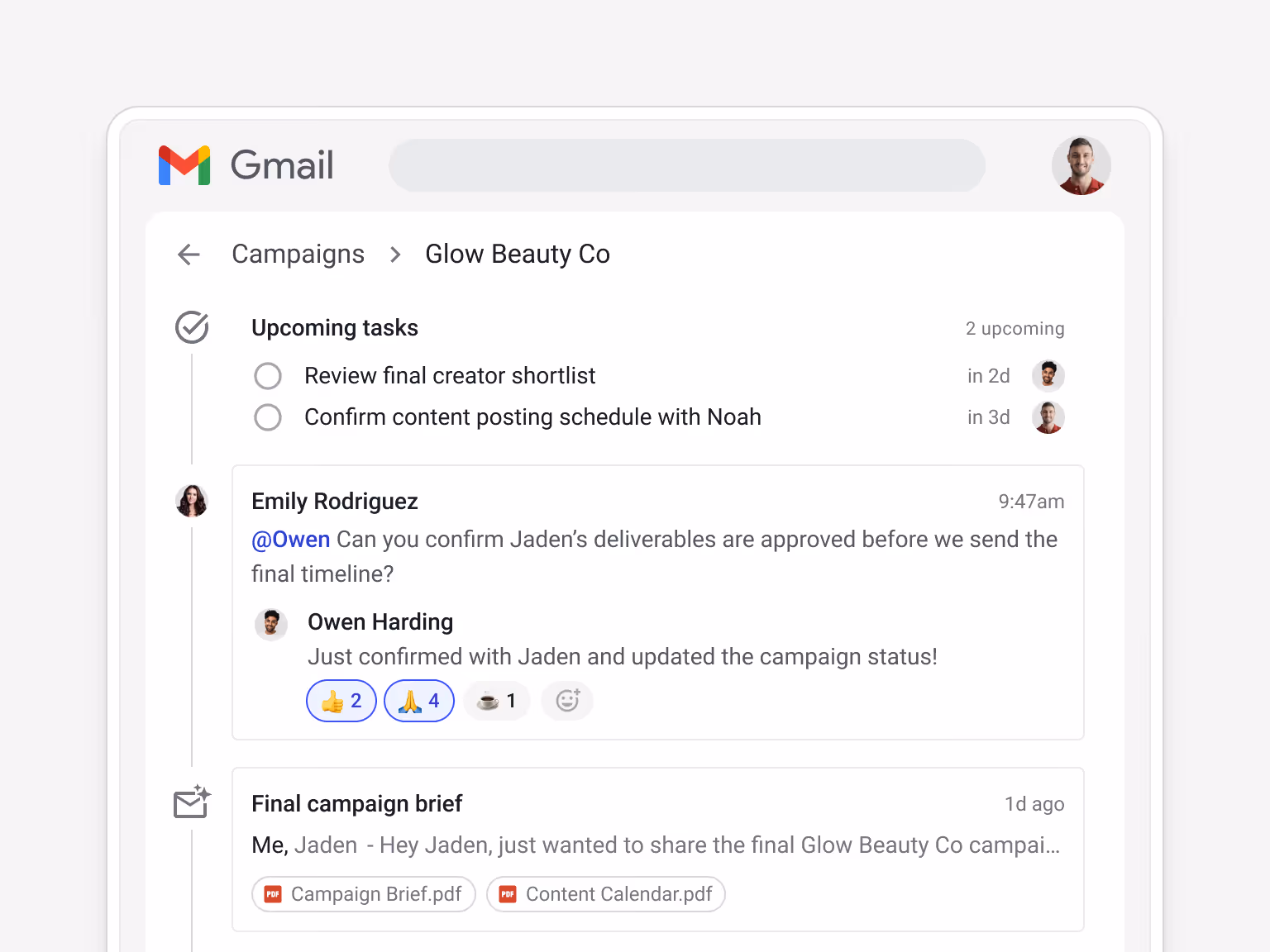 Streak Campaigns > Glow Beauty Co box showing email threads: "Contract details for campaign launch" (usage rights and exclusivity terms), "Content timeline & deliverables" (@Sophia reminder to feature the influencer calendar in the proposal), Owen H changed stage to Outreach sent, and "Intro & brand overview" (talent roster and past examples, talent_roster.pdf, case_studies.pdf)