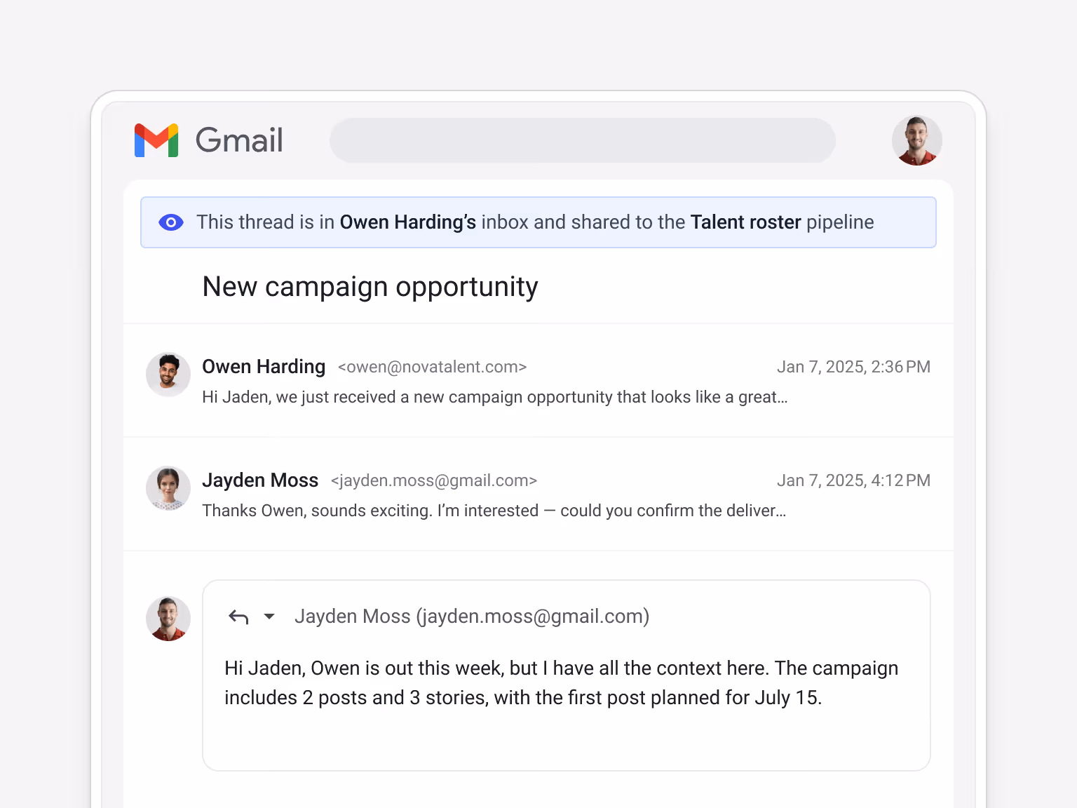 Streak pipeline sharing settings for Nova Talent — Everyone on Nova Talent's team (8 members, Editor), Nicolas Trevino (Head of Casting), Adem Lane (Senior Talent Manager), Bailey Lin (Head of Talent), Owen Harding (Talent & PR Manager) — with Auto-share my emails to pipelines enabled