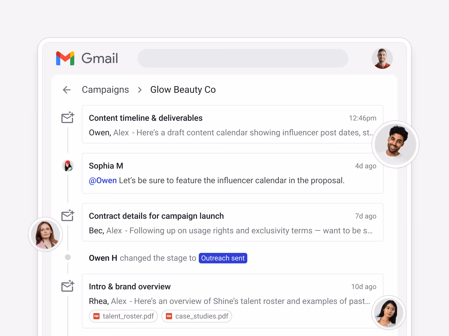 Gmail "New campaign opportunity" thread — with pipeline coverage banner: "This thread is in Owen Harding's inbox and shared to the Talent roster pipeline" — Owen Harding to Jayden Moss, and an AI-assisted coverage reply: "Hi Jaden, Owen is out this week, but I have all the context here. The campaign includes 2 posts and 3 stories, with the first post planned for July 15." — keeping creator relationships moving even when team members are unavailable