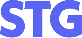 The text 'STG' in a bold blue font on a transparent background.
