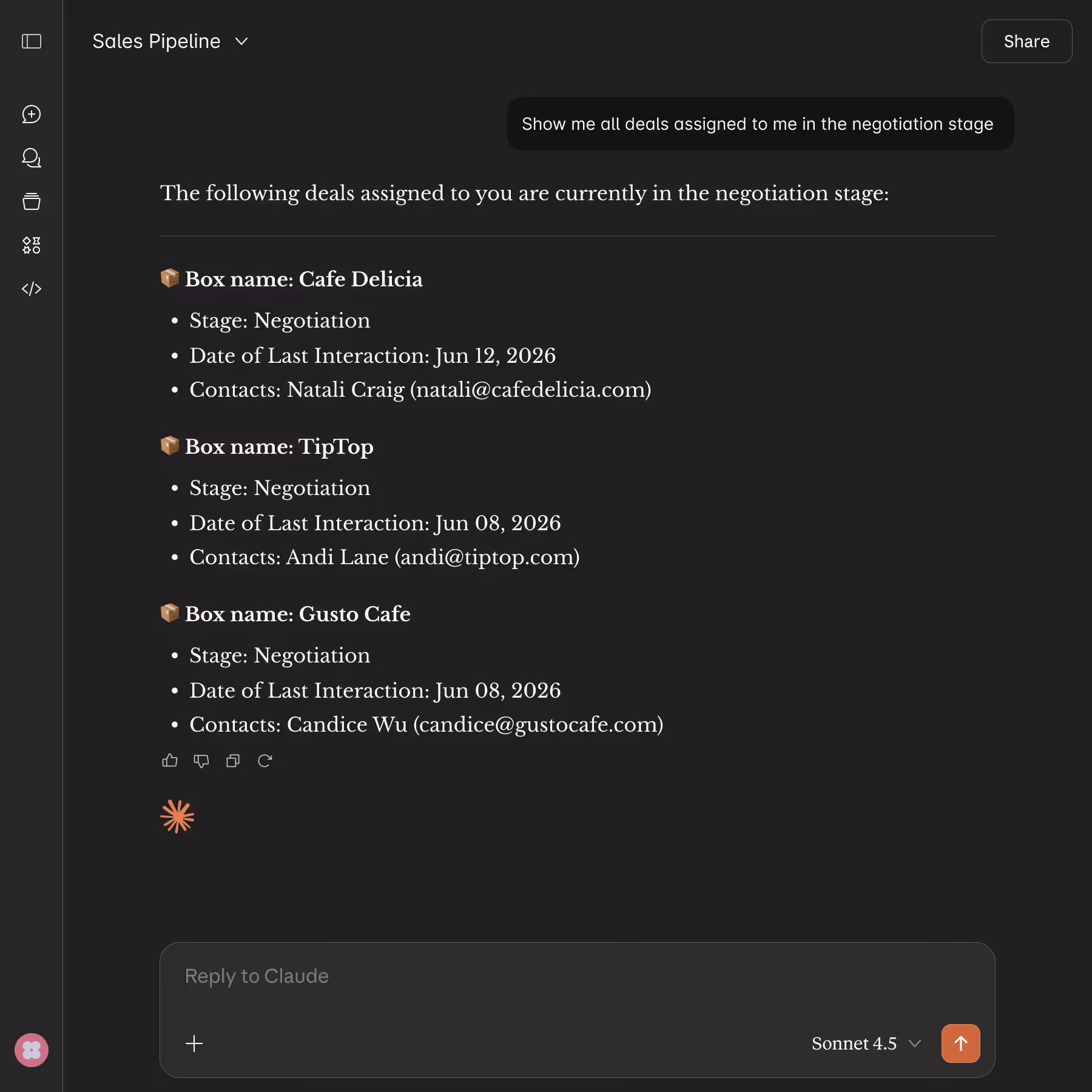 Claude response listing three deals in negotiation stage with last interaction dates and contacts.