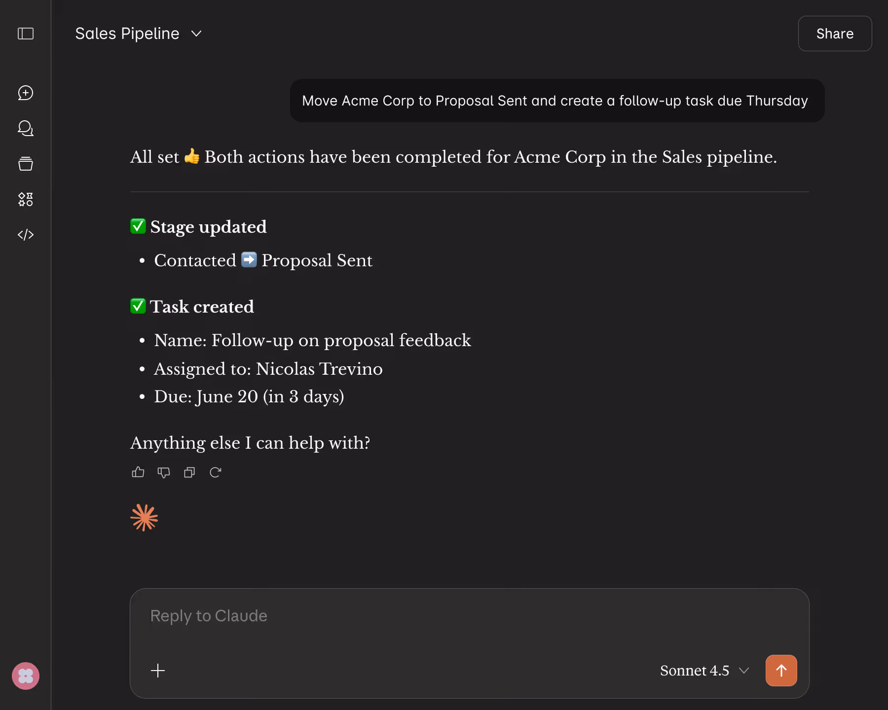 Sales pipeline update in a Claude conversation showing Acme Corp moved to Proposal Sent stage and follow-up task created for Nicolas Trevino.