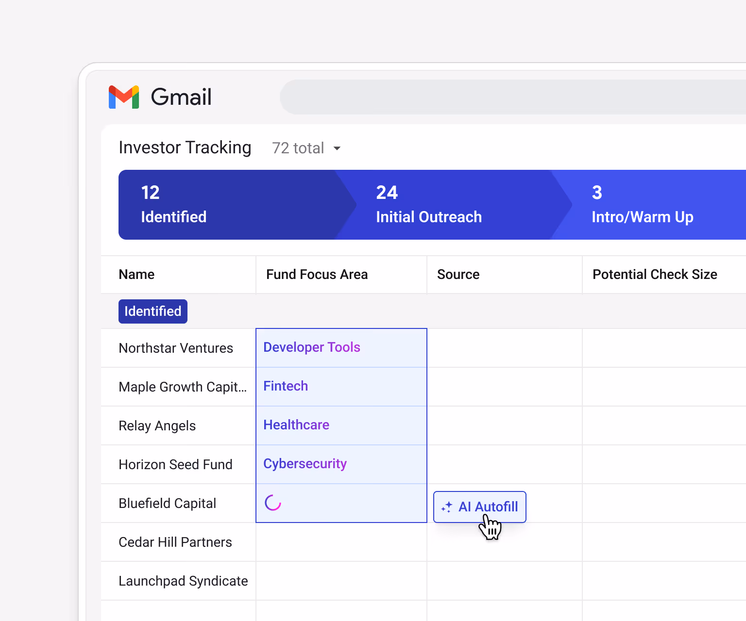 Streak AI Autofill populating the "Investor Type" column — Angel Group, Venture Capital, Family Office, Corporate VC — for investors in the Investor Tracking pipeline