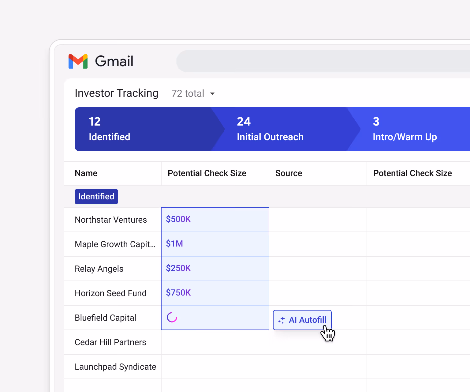 Streak AI Autofill populating the "Potential Check Size" column — Northstar Ventures $500K, Maple Growth Capital $1M, Relay Angels $250K, Horizon Seed Fund $750K — for investors in the Investor Tracking pipeline