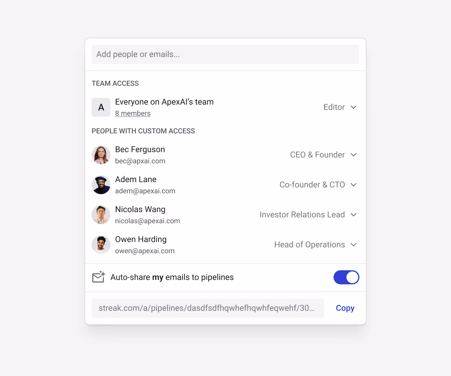 Streak Investor Tracking pipeline sharing settings for ApexAI's team — CEO & Founder Bec Ferguson, Co-founder & CTO Adem Lane, Investor Relations Lead Nicolas Wang, and Head of Operations Owen Harding — with auto-share emails enabled