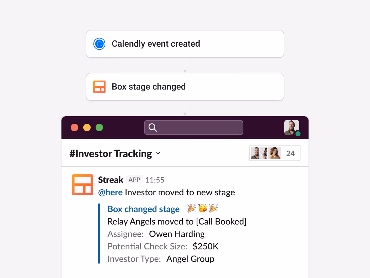 Streak automation: "Calendly event created" → "Box stage changed" → Slack notification in #Investor Tracking: "Relay Angels moved to [Call Booked], Assignee: Owen Harding, Potential Check Size: $250K, Investor Type: Angel Group"