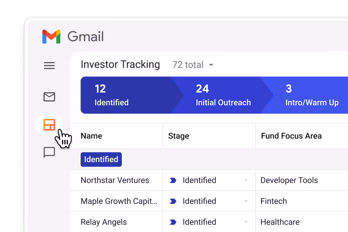 Streak Investor Tracking pipeline in Gmail showing 12 Identified, 24 Initial Outreach, and 3 Intro/Warm Up stages — with Northstar Ventures (Developer Tools), Maple Growth Capital (Fintech), and Relay Angels (Healthcare) — accessible directly from the Gmail sidebar
