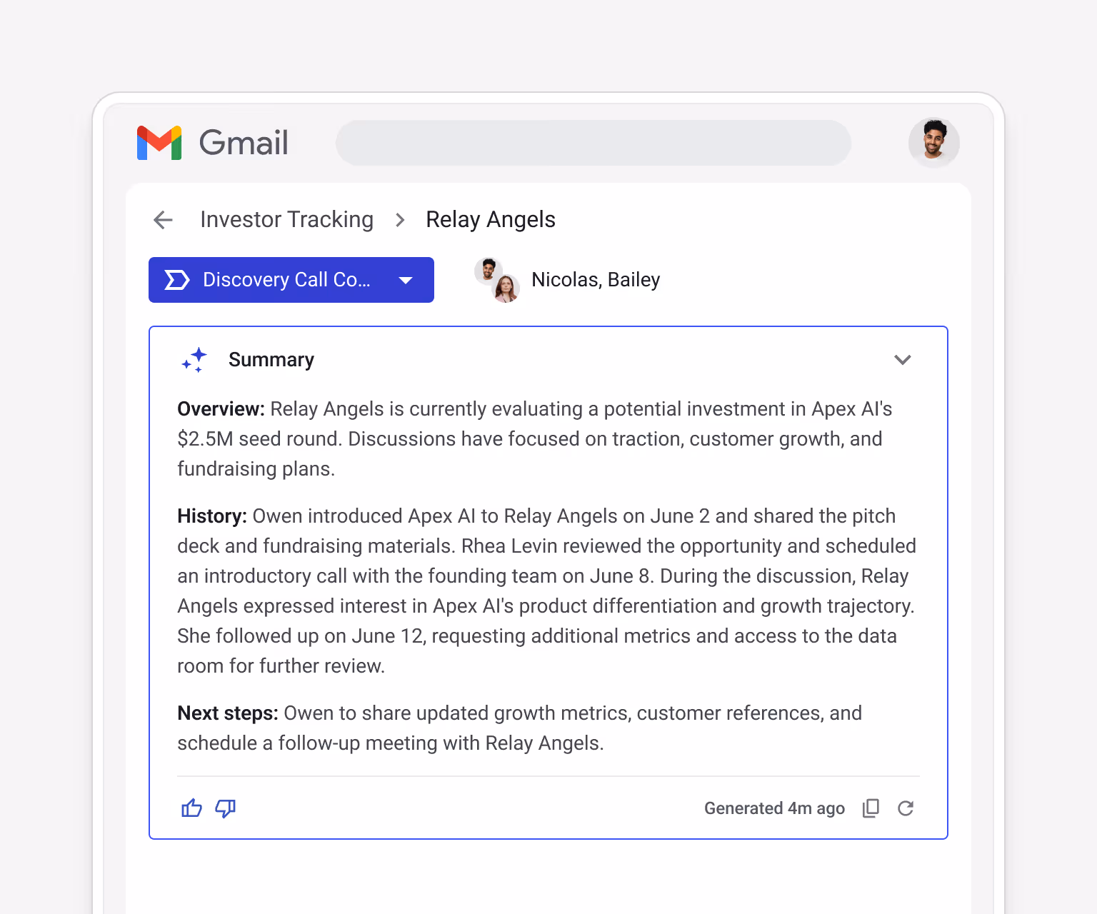 Streak AI-generated investor summary for Relay Angels — showing overview (evaluating potential investment in ApexAI's $2.5M seed round), history, and next steps for the investor relationship