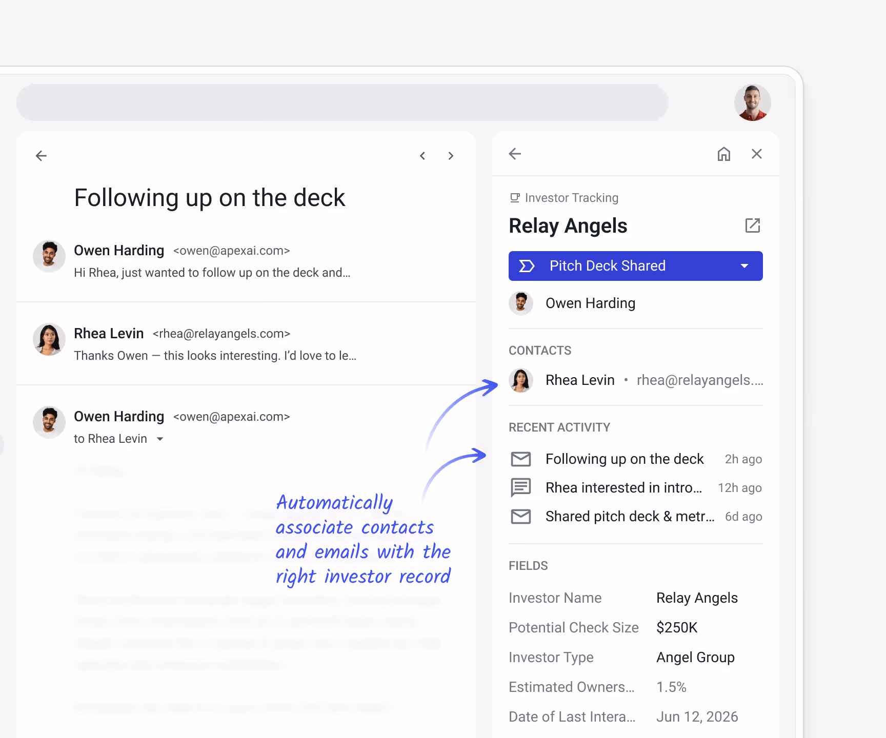 Streak investor record for Relay Angels (Pitch Deck Shared stage) with email thread "Following up on the deck" alongside deal details — Potential Check Size: $250K, Investor Type: Angel Group, Estimated Ownership: 1.5%, Date of Last Interaction: Jun 12, 2026 — with callout: "Automatically associate contacts and emails with the right investor record"