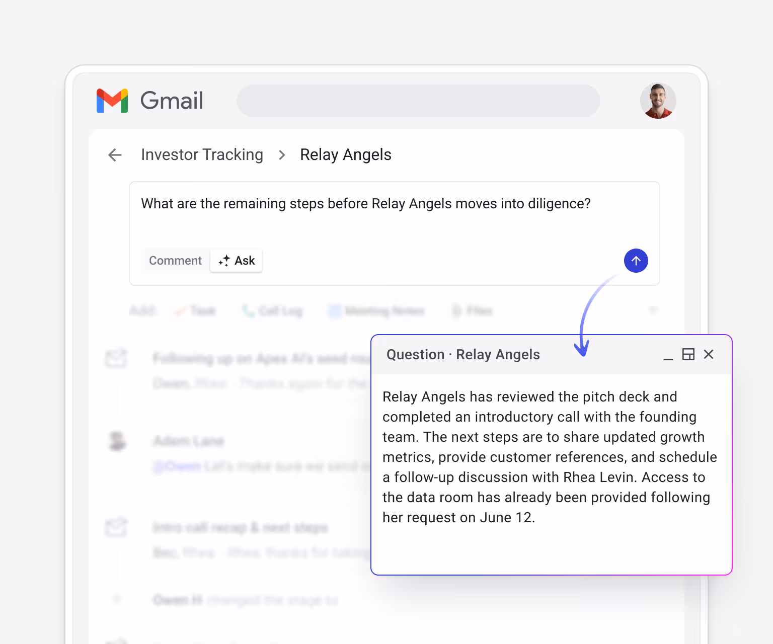 Streak AI "Ask" feature querying an investor box — "What are the remaining steps before Relay Angels moves into diligence?" — with an AI-generated answer: "Relay Angels has reviewed the pitch deck... Next steps: share updated growth metrics, provide customer references, schedule a data room follow-up"