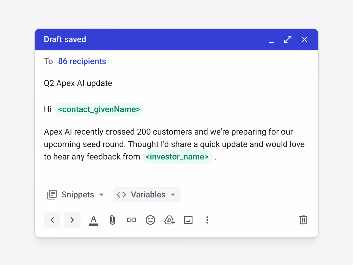 Streak mail merge draft "Q2 Apex AI update" sent to 86 investors with personalized <contact_givenName> and <investor_name> variables for scalable, personalized investor communication