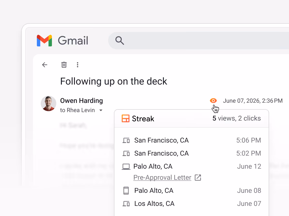 Gmail email "Following up on the deck" from Owen Harding to Rhea Levin with Streak email tracking showing 5 views and 2 clicks — with exact locations (San Francisco, Palo Alto, Los Altos) and a "Pre-Approval Letter" link click tracked