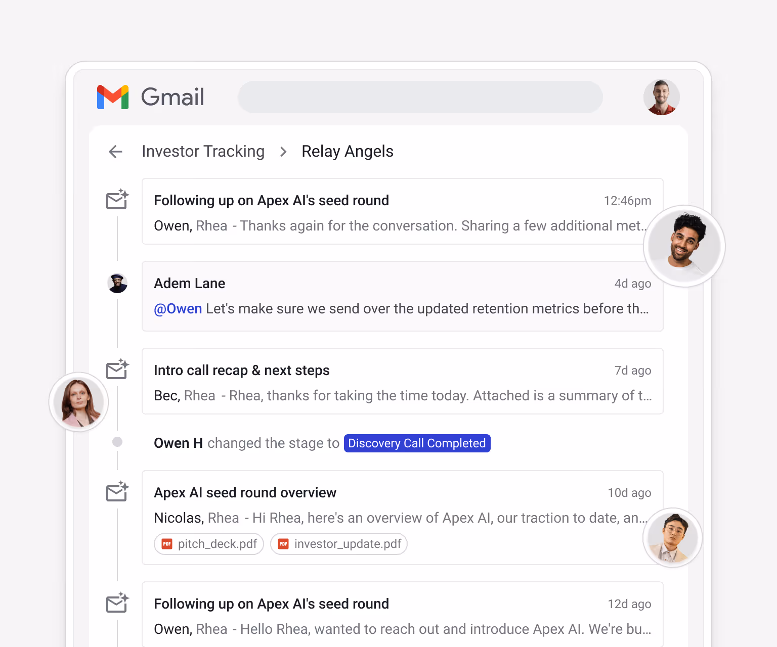 Streak investor box timeline for Relay Angels showing all emails, a stage change to "Discovery Call Completed", and an @mention from Adem Lane with Nicolas Wang's reply — giving the full team visibility into every investor relationship
