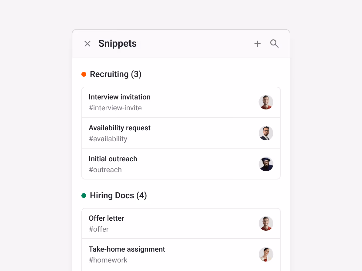 Streak email snippets panel showing recruiting templates — "Interview invitation #interview-invite", "Availability request #availability", "Initial outreach #outreach" — and hiring docs like "Offer letter" and "Take-home assignment" for fast, consistent candidate communication