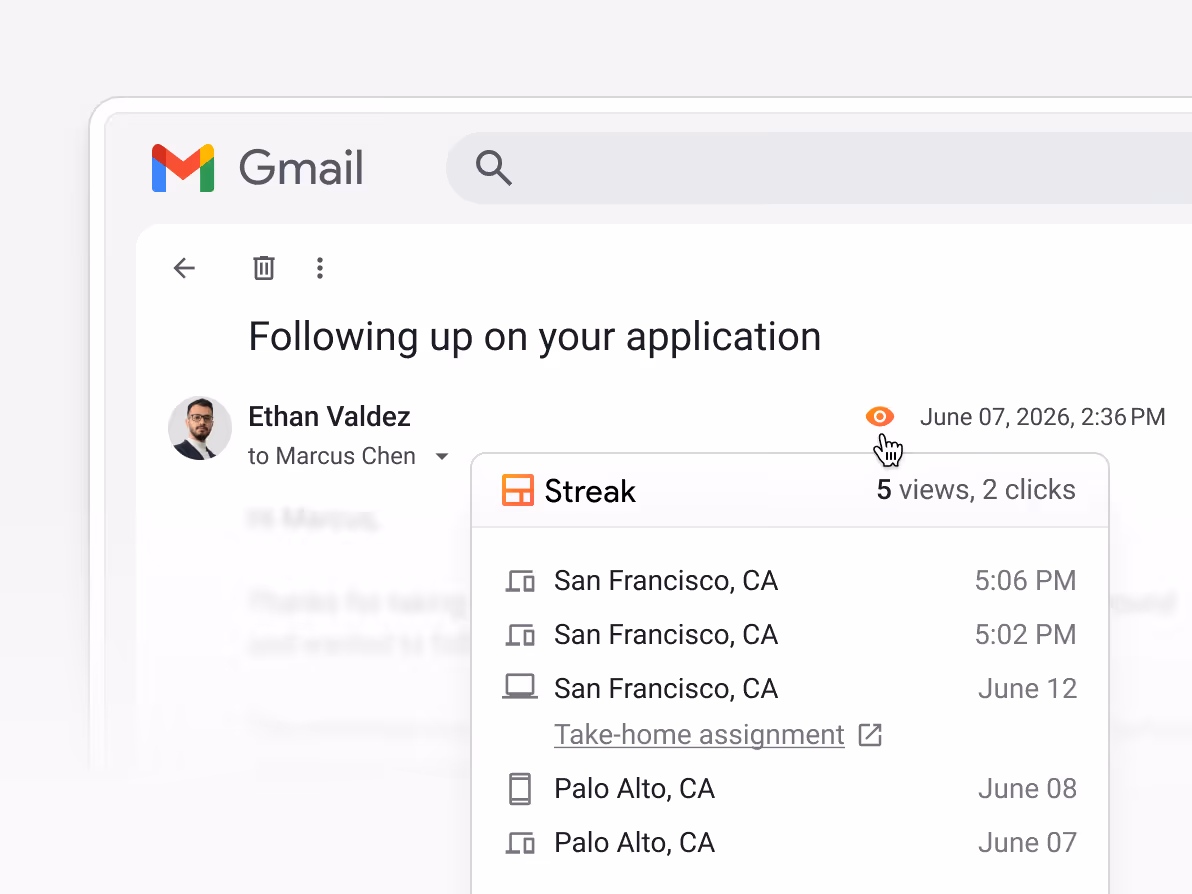 Gmail email "Following up on your application" from Ethan Valdez to Marcus Chen with Streak email tracking showing 5 views and 2 clicks — with exact locations (San Francisco, Palo Alto) and a "Take-home assignment" link click tracked