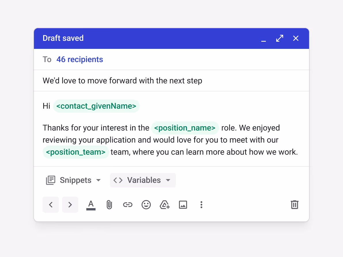 Streak mail merge draft "We'd love to move forward with the next step" sent to 46 candidates with personalized <contact_givenName>, <position_name>, and <position_team> variables for scalable, personalized candidate outreach