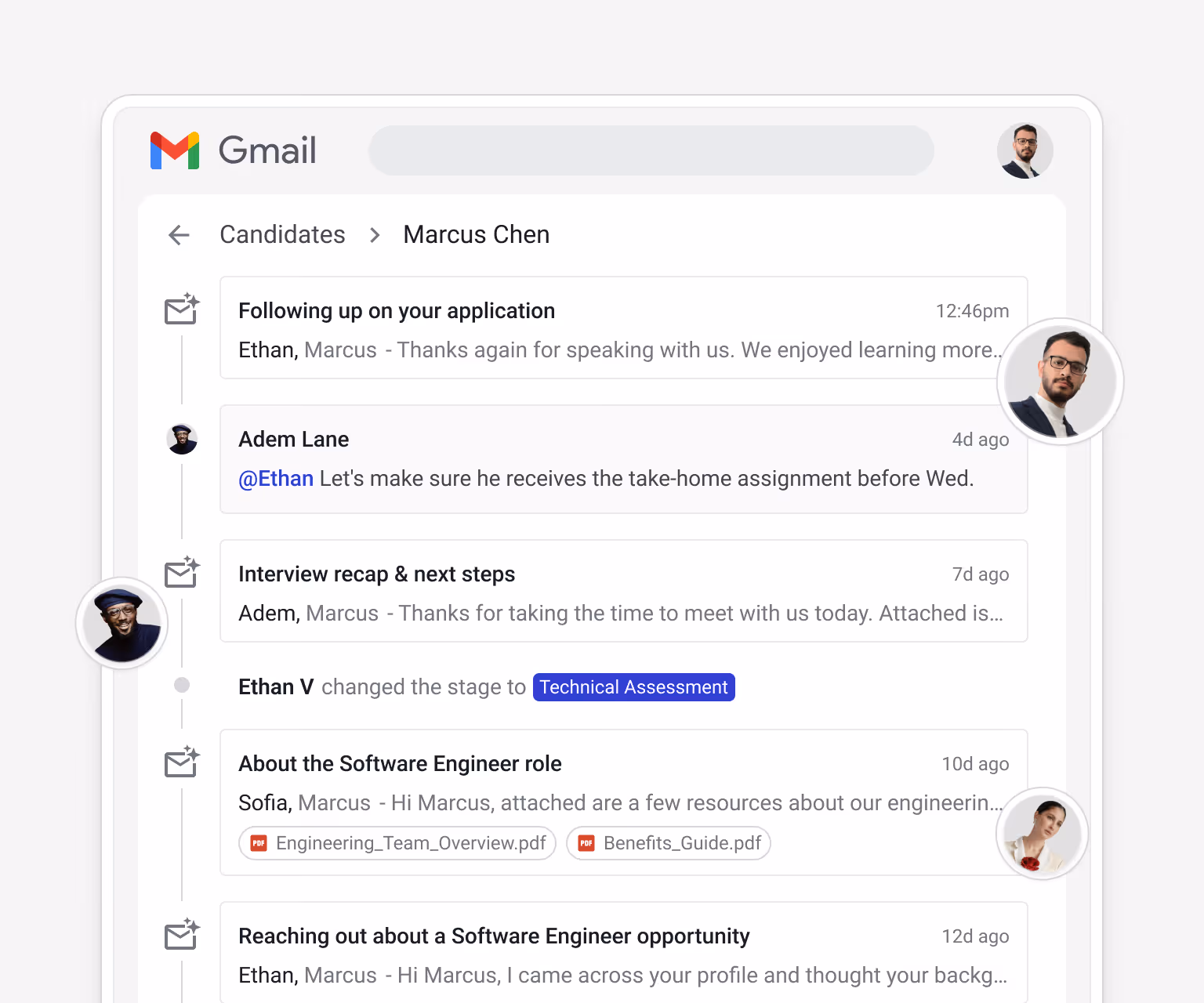 Streak candidate box timeline for Marcus Chen showing all emails, a stage change to Technical Assessment, an @mention from Adem Lane, and a reply from Ethan Valdez — giving the full recruiting team visibility into every candidate