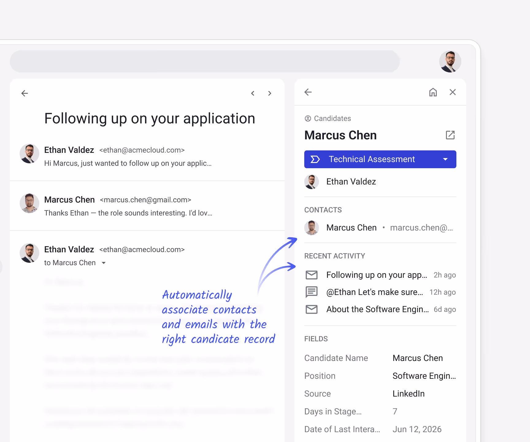 Streak candidate record for Marcus Chen (Technical Assessment stage) with email thread "Following up on your application" visible alongside candidate details (Position: Software Engineer, Source: LinkedIn, Days in Stage: 7) — with callout: "Automatically associate contacts and emails with the right candidate record"