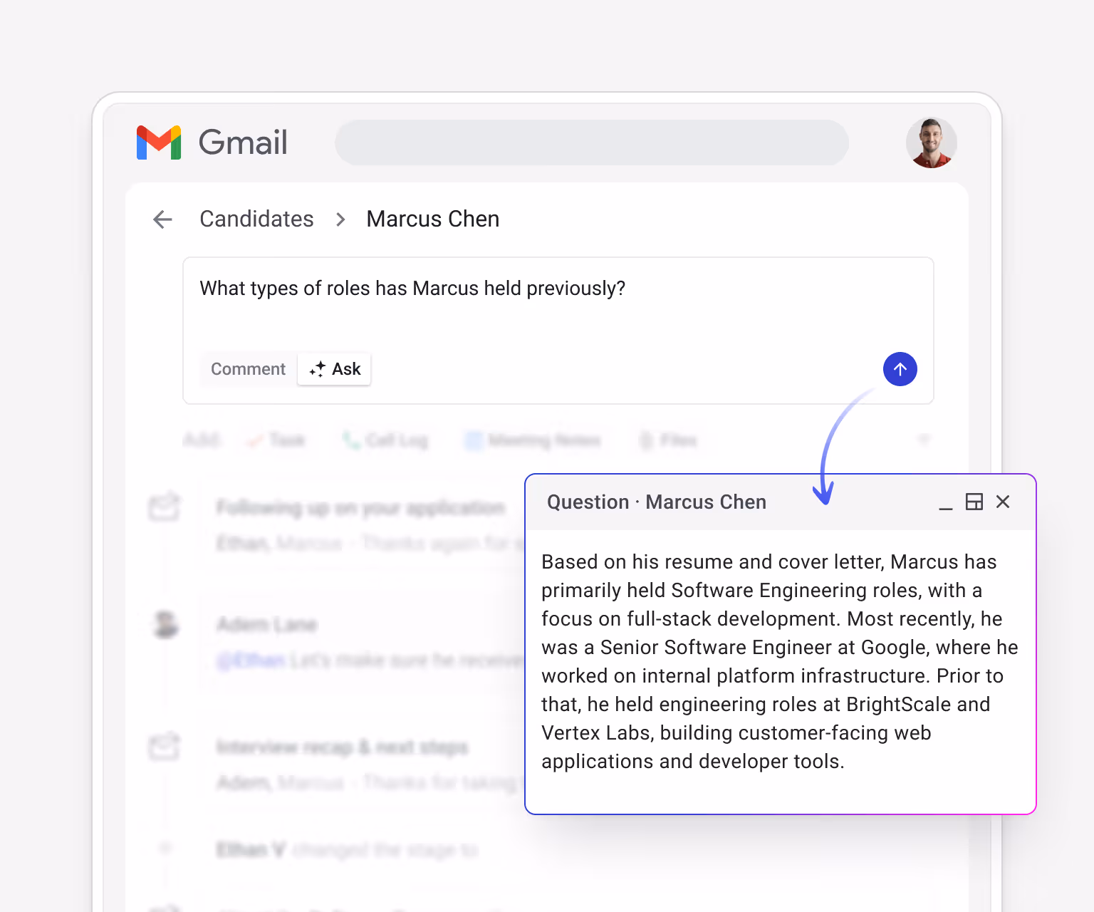Streak AI "Ask" feature querying a candidate's history — "What types of roles has Marcus held previously?" — with an AI-generated answer based on resume and email thread