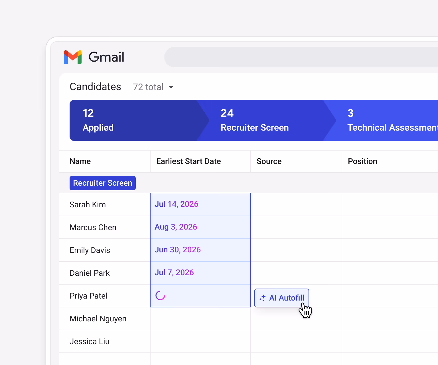 Streak AI Autofill populating the "Earliest Start Date" column — Sarah Kim Jul 14, Marcus Chen Aug 3, Emily Davis Jun 30, Daniel Park Jul 7 — for candidates in the hiring pipeline