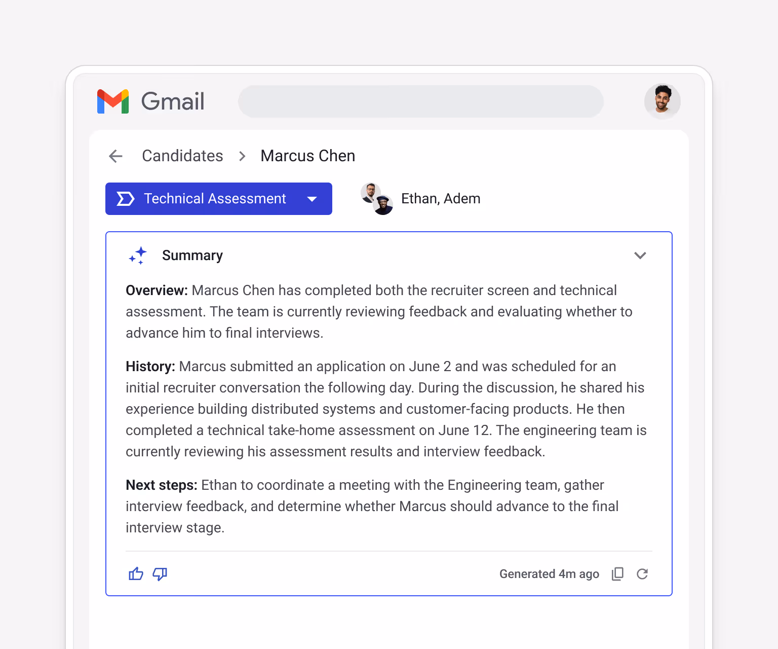 Streak AI-generated candidate summary for Marcus Chen (Technical Assessment stage) — showing overview (completed recruiter screen and technical assessment), history, and next steps: "Ethan to coordinate a meeting with the Engineering team"