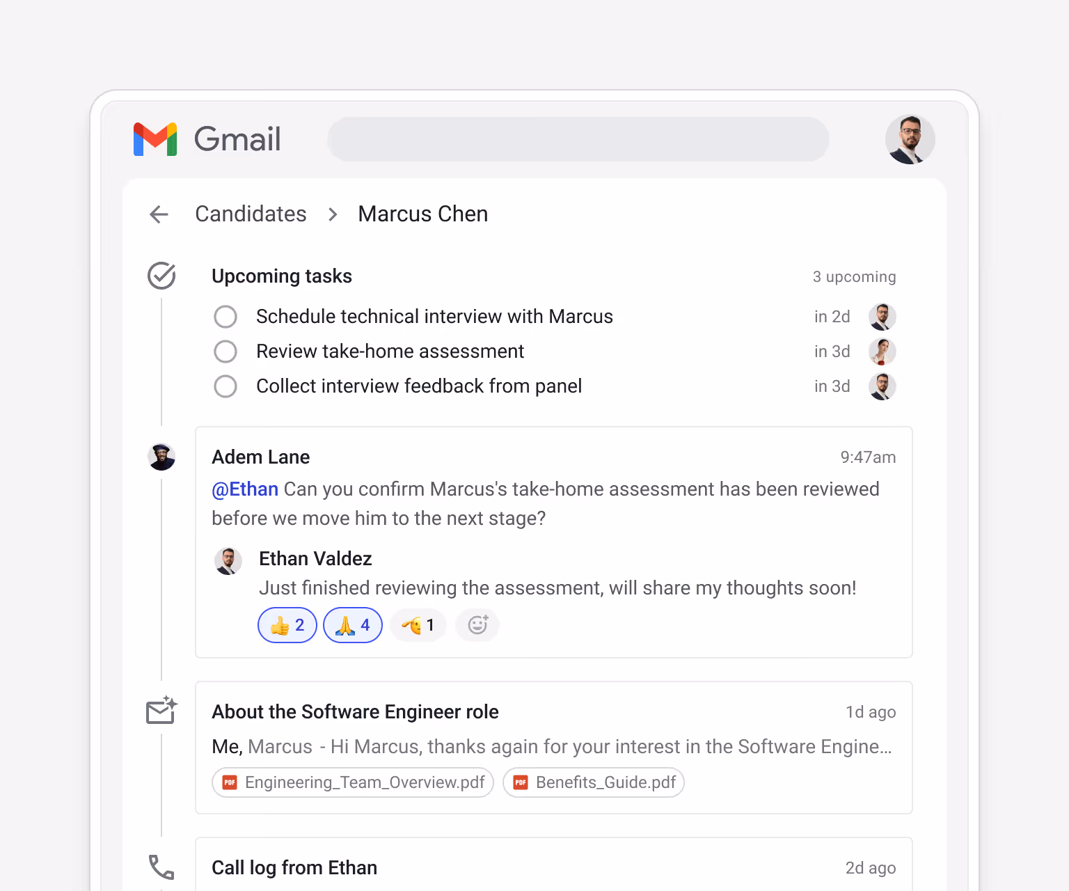 Streak candidate box for Marcus Chen showing upcoming tasks — "Schedule technical interview", "Review take-home assessment", "Collect interview feedback from panel" — and an @mention thread between Adem Lane and Ethan Valdez