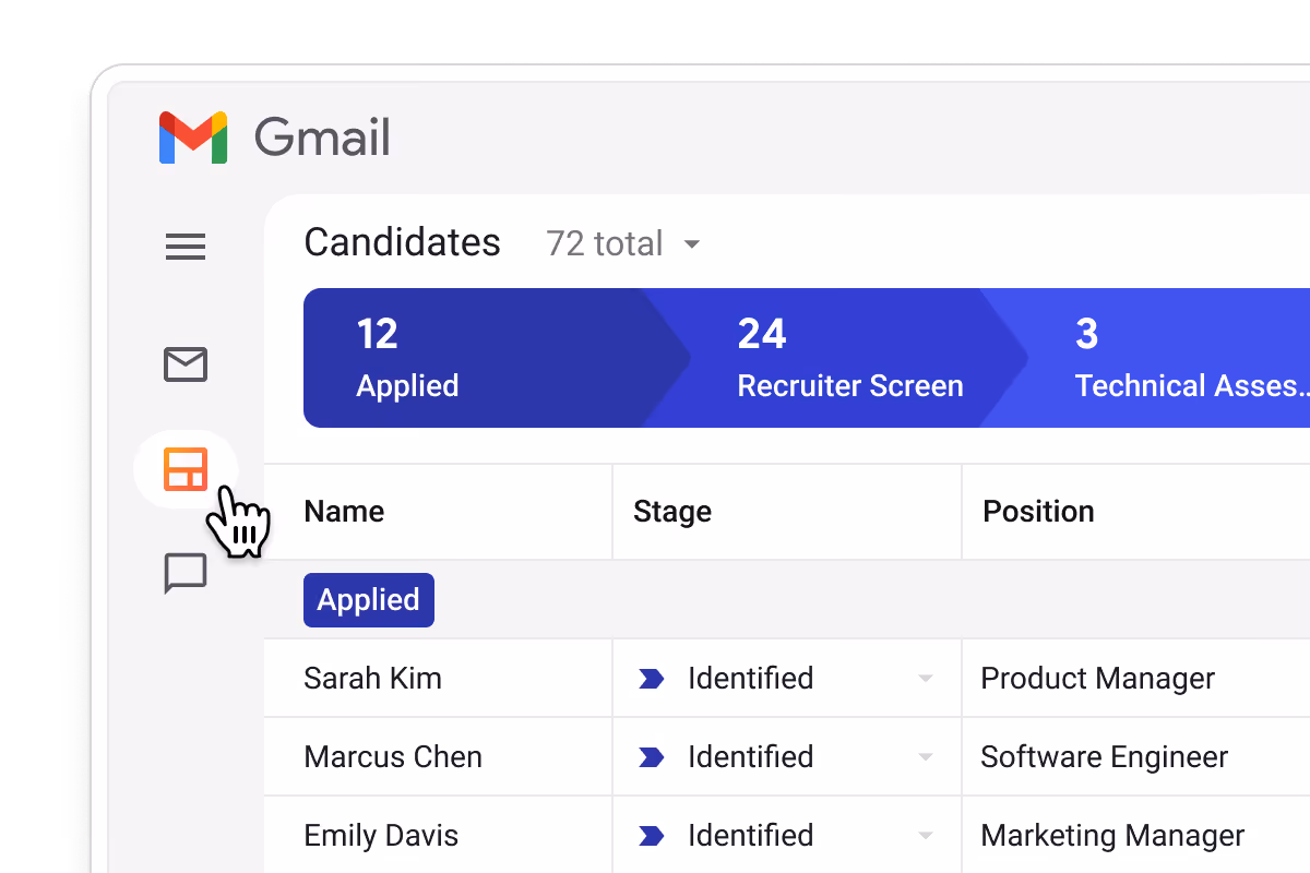Streak hiring CRM candidate pipeline in Gmail showing 12 Applied, 24 Recruiter Screen, and 3 Technical Assessment stages — with Sarah Kim (Product Manager), Marcus Chen (Software Engineer), and Emily Davis (Marketing Manager) — accessible from the Gmail sidebar