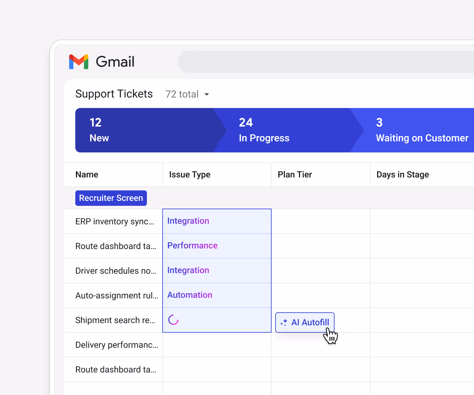 Streak AI Autofill populating the "Issue Type" column — Integration, Performance, Automation — for support tickets in the pipeline
