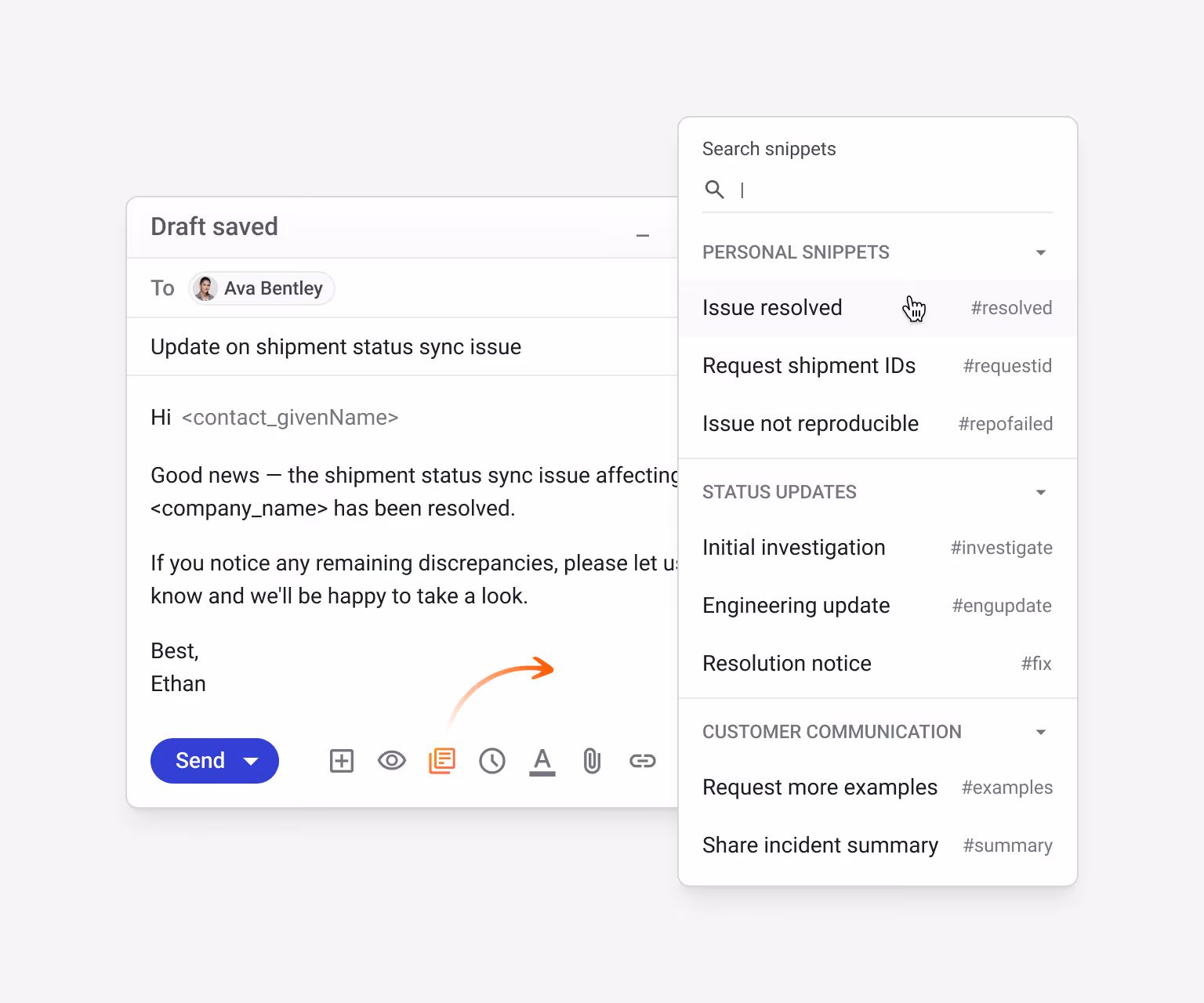 Streak email snippets for support showing "Personal Snippets" (Issue resolved, Request shipment IDs, Issue not reproducible), "Status Updates" (Initial investigation, Engineering update, Resolution notice), and "Customer Communication" templates for fast, consistent ticket replies