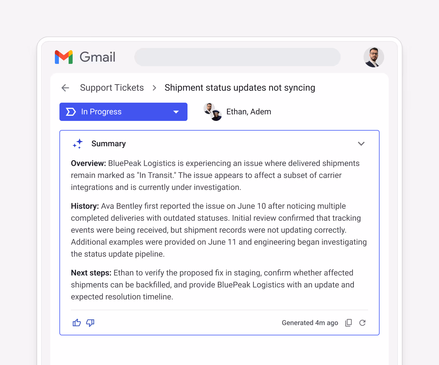 Streak AI-generated support ticket summary for "Shipment status updates not syncing" showing overview, history, and next steps — "Ethan to verify the proposed fix in staging and provide BluePeak Logistics with a resolution timeline"