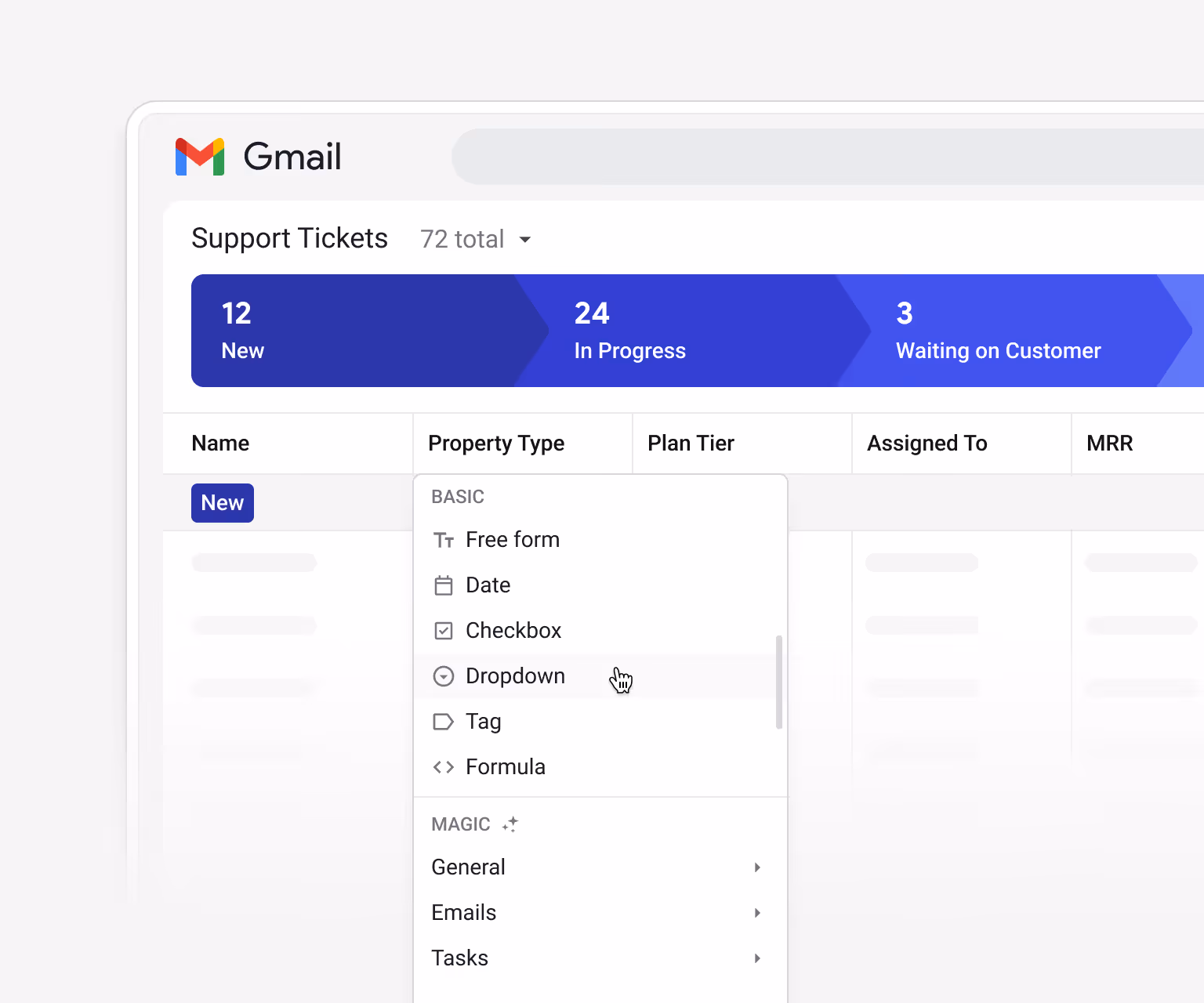 Streak Support Tickets pipeline showing a "Property Type" dropdown for adding a new custom column — with field types including Free form, Date, Checkbox, Dropdown, Tag, Formula, and Magic (General, Emails, Tasks) — for building a fully customizable support pipeline