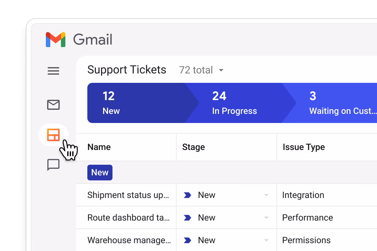 Streak customer support CRM pipeline in Gmail showing tickets at the New and In Progress stages — fully accessible from the Gmail sidebar