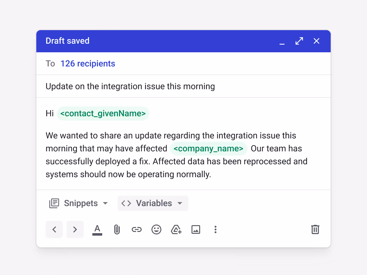 Streak mail merge draft "Update on the integration issue this morning" sent to 126 affected customers — with personalized <contact_givenName> and <company_name> variables — for proactive mass customer communication about a service issue