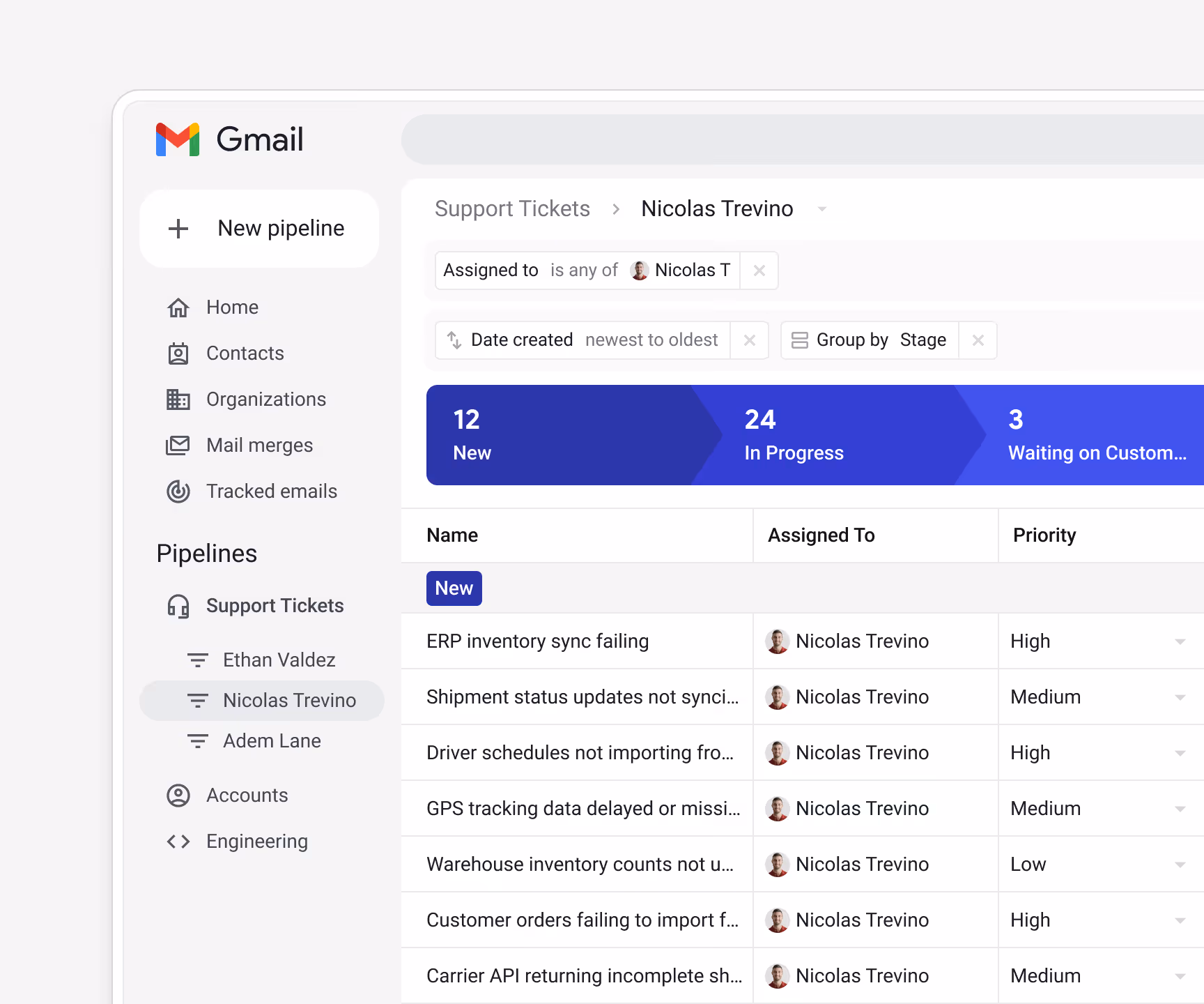 Streak Support Tickets pipeline filtered to Nicolas Trevino's assigned tickets (Assignee = Nicolas T), sorted by Date created newest to oldest, grouped by Stage — showing New tickets including ERP inventory sync failing, Shipment status updates not syncing, Driver schedules not importing, and GPS tracking data delayed